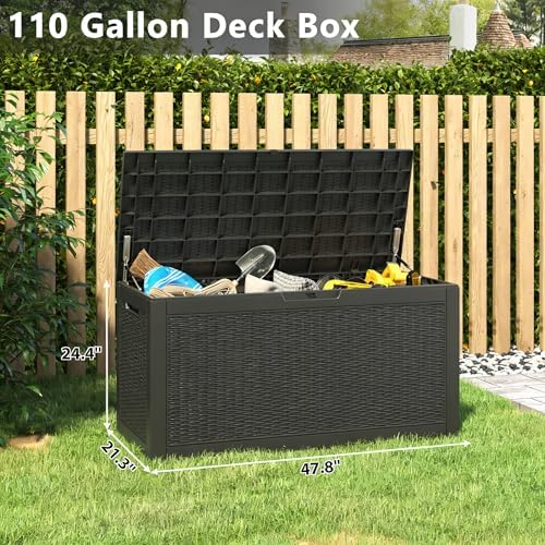 Resin Outdoor Deck Storage Box Waterproof (Black, 110 Gallon)