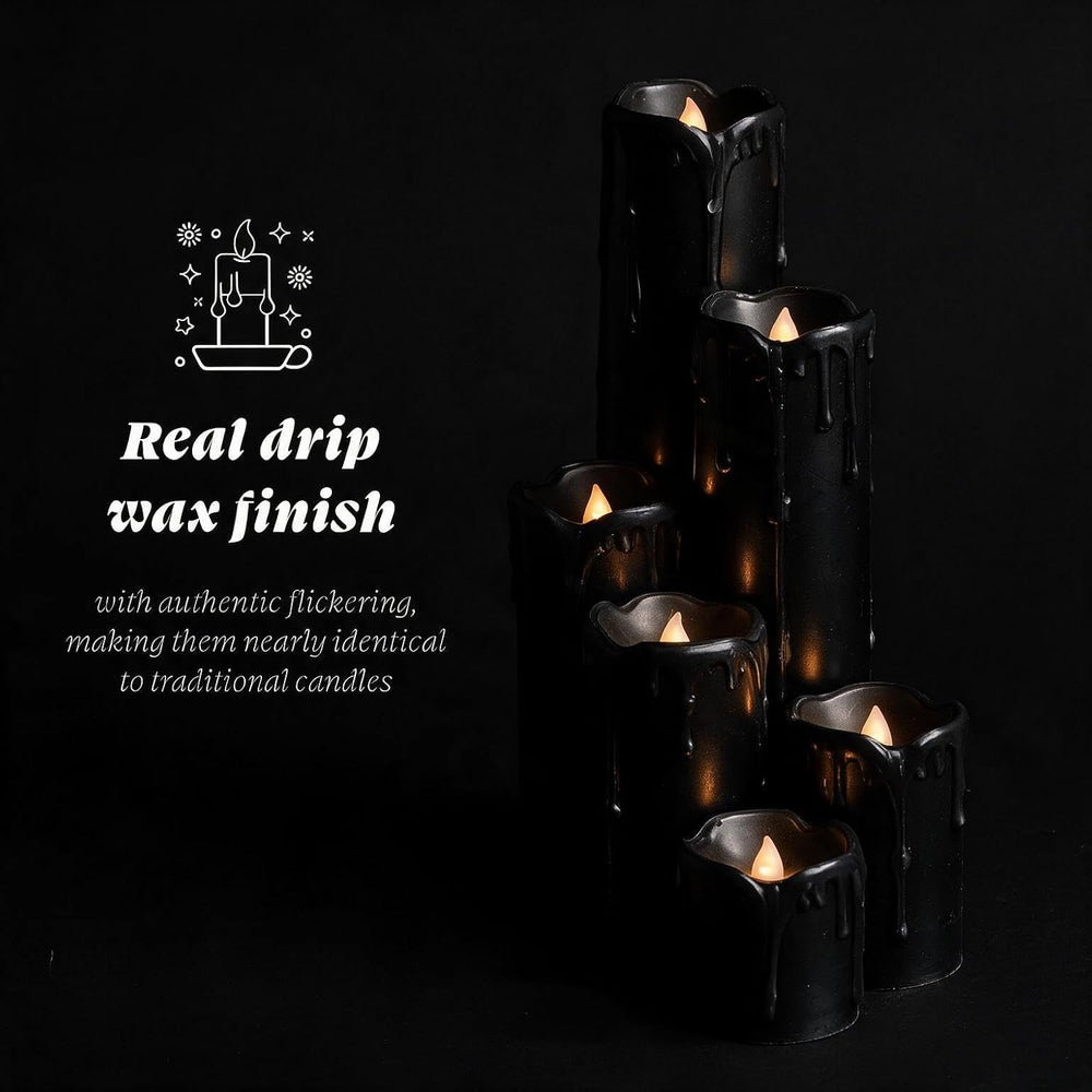 6 Pack LED Flickering Flameless Black Melting Drip Pillar Candles with Timer,...