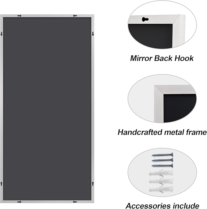 48x24In Silver Bathroom Mirror for Wall, Brushed Nickel Rectangle Mirrors