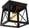 1 Light Black Industrial Flush Mount Ceiling Light Fixture - Square Farmhouse Caged Ceiling Light for Closet Kitchen Hallway Porch, E26, Dimmable