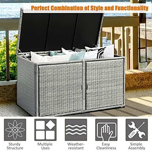 DORTALA 88 Gallon Deck Box Organizer, Wicker Large Indoor Outdoor Storage Container Cabinet for Patio Furniture Cushions Garden Tools, Gray