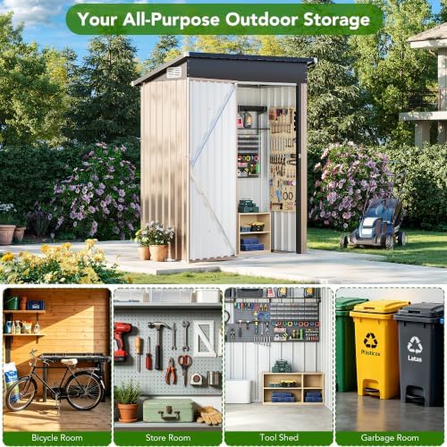 MXV 5x3 FT Outdoor Metal Storage Shed, Lockable Galvanized Steel Tool House with Sloped Roof, Waterproof Shed for Backyard, Garden, Patio, Brown