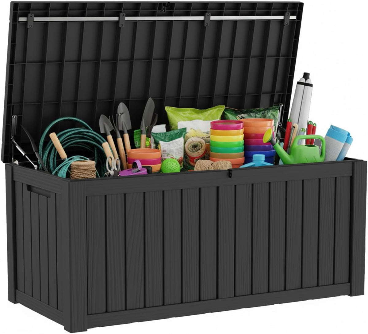 PatioZen 150 Gallon Outdoor Deck Box,Waterproof Resin Outdoor Storage Boxes, Outside Storage Lockable Container for Garden Tools,Indooor Cushions,Accessories (Black)