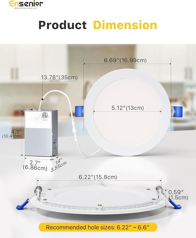 Ensenior 12 Pack 6 Inch LED Recessed Ceiling Light, 6000K Clear White, 1050LM