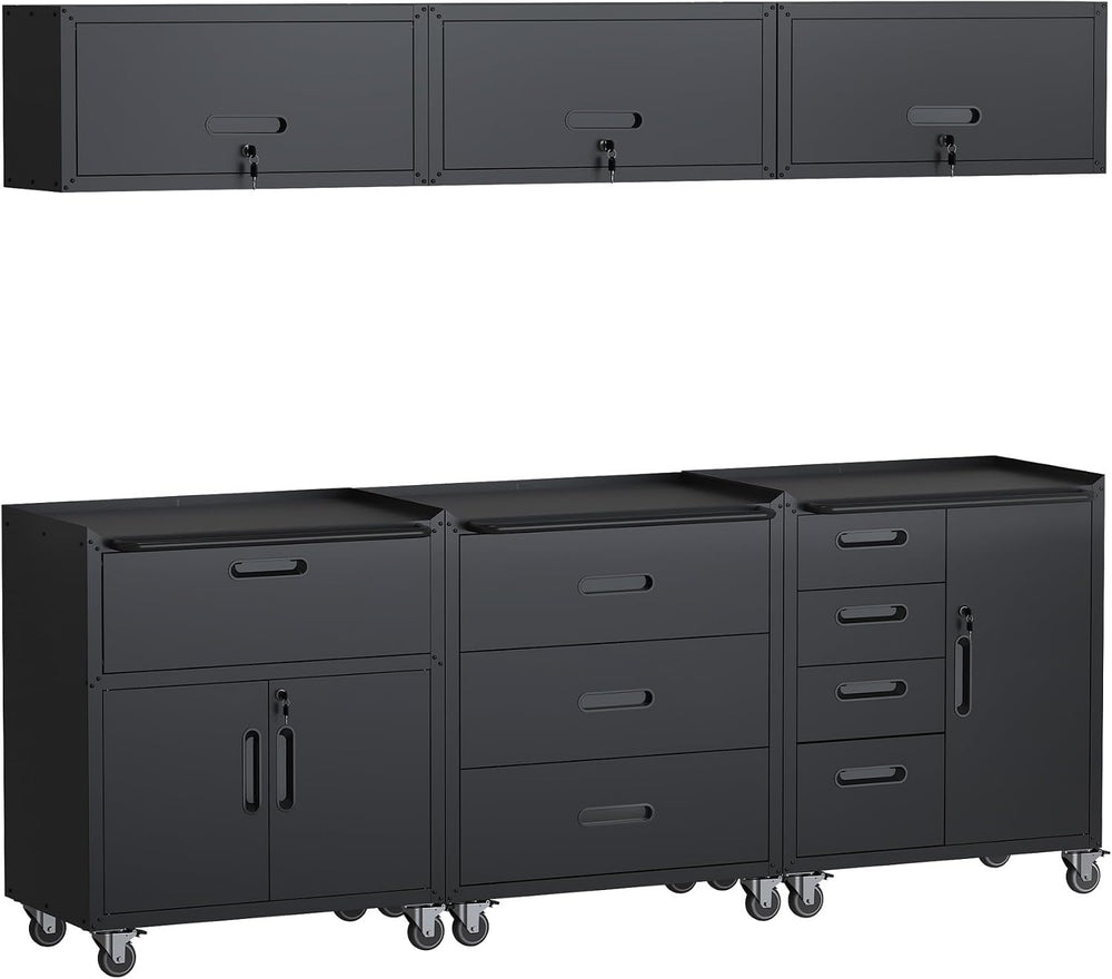Black Garage Storage Cabinets System 6 PCS Workshop Set with Drawers Locking ...