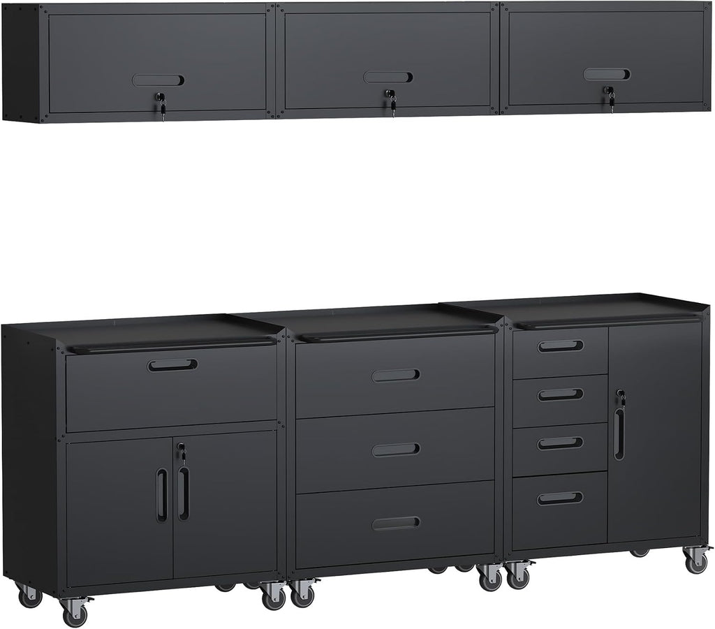 Black Garage Storage Cabinets System 6 PCS Workshop Set with Drawers Locking Heavy Duty Rolling Cart with Adjustable Shelves Garage Tool Workbench Cabinets,6pcs-1