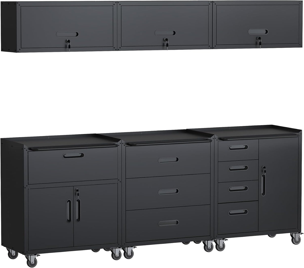 Black Garage Storage Cabinets System 6 PCS Workshop Set with Drawers Locking Heavy Duty Rolling Cart with Adjustable Shelves Garage Tool Workbench Cabinets,6pcs-1