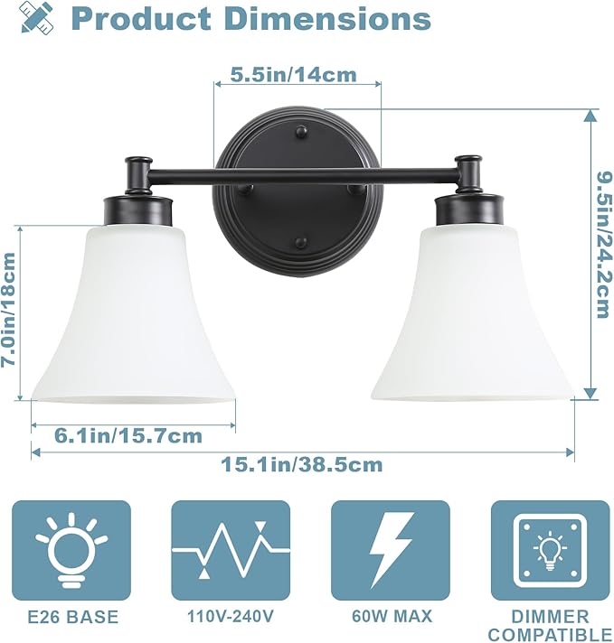 LOUSACE 2 Light Bathroom Vanity Light Matte Black Bathroom Lighting Fixtures