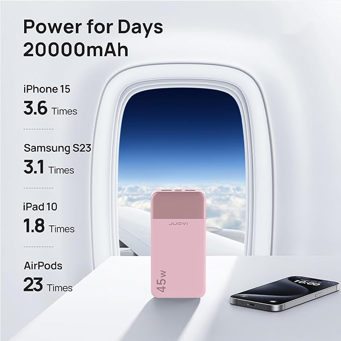 JUOVI J2621 Power Bank Portable Charger, 20000mAh 45W PD3.0 QC 4.0 Fast