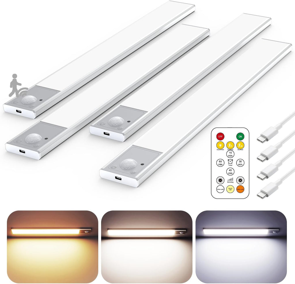 12" Ultra-Thin Under Cabinet Lighting Wireless, Aluminum Alloy Under Counter Lights for Kitchen, 3-Color-Temps Magnetic Closet Lights, Rechargeable Motion Sensor Light Indoor (4 Pack, Silver)