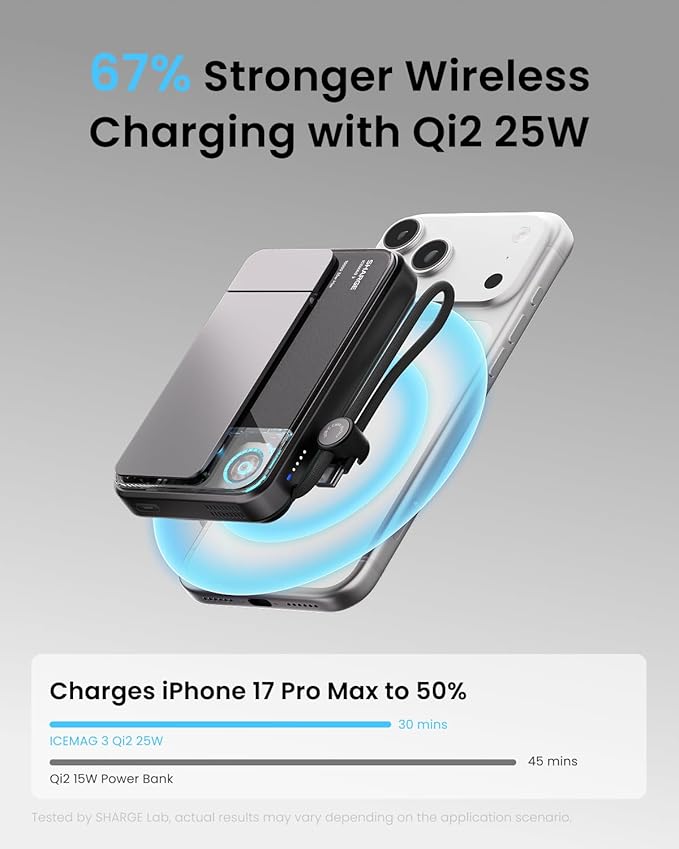 sharge ICEMAG 3 MagSafe Portable Charger, Qi2 25W Magnetic Power Bank 10000mAh