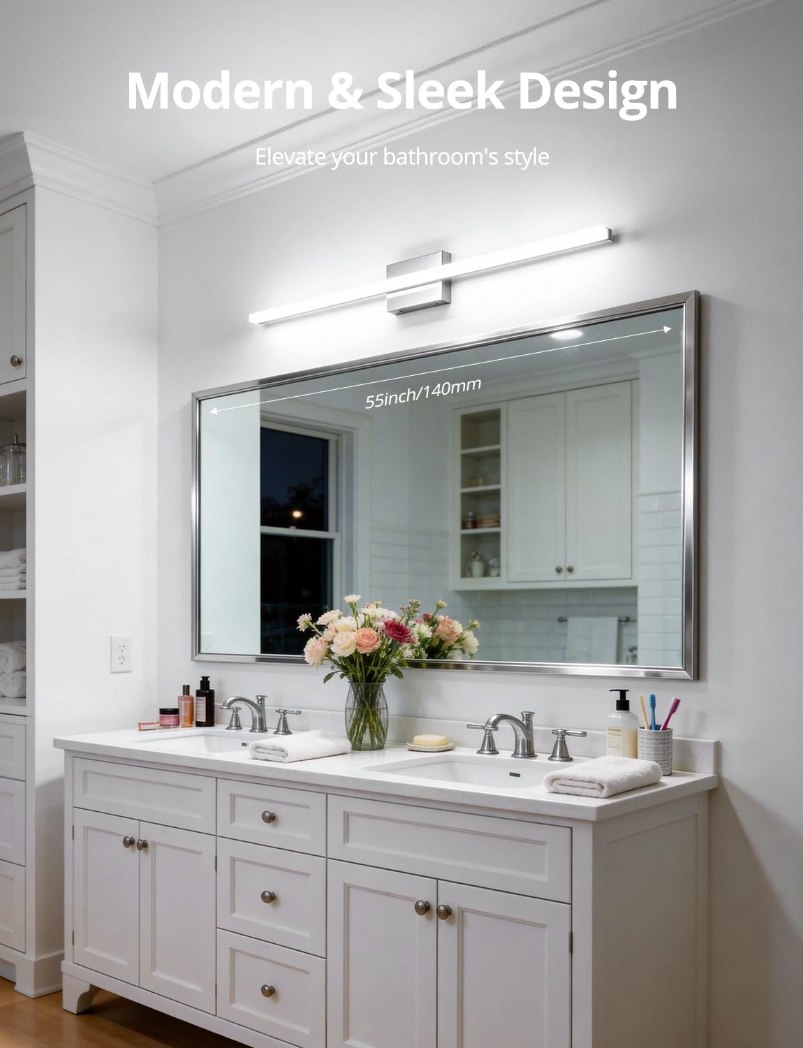 Bathroom Vanity Light Fixtures Above Mirror, Modern Wall Lamp Chrome | 48 Inch Extra-Long, Gentle Shadow Free, Linear Design, for Makeup, Simple Slim, Splash-Resistant, 6000K Cool White, 1 Pack