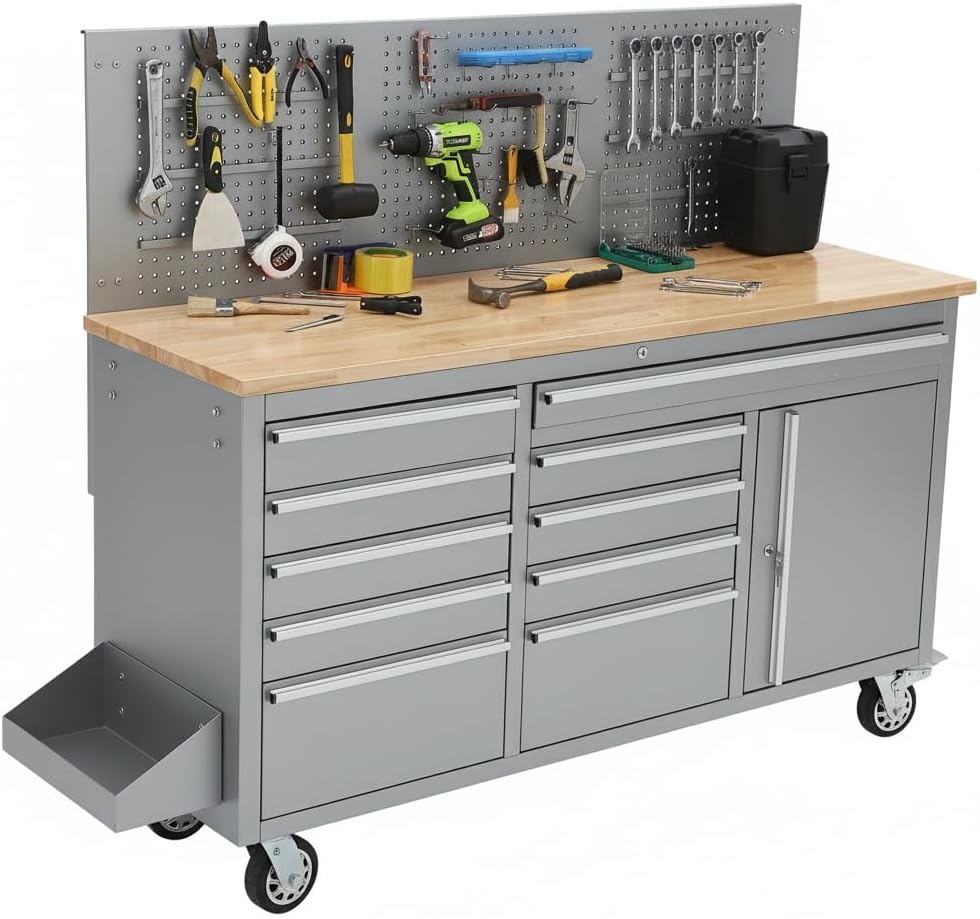 Tool Chest, 61 Inch Tool Box Mobile 9 Drawers Storage Rolling Cabinet with Wheels Lock Key Locking System Drawer Liners for Garage Warehouse Repair Shop, Sliver