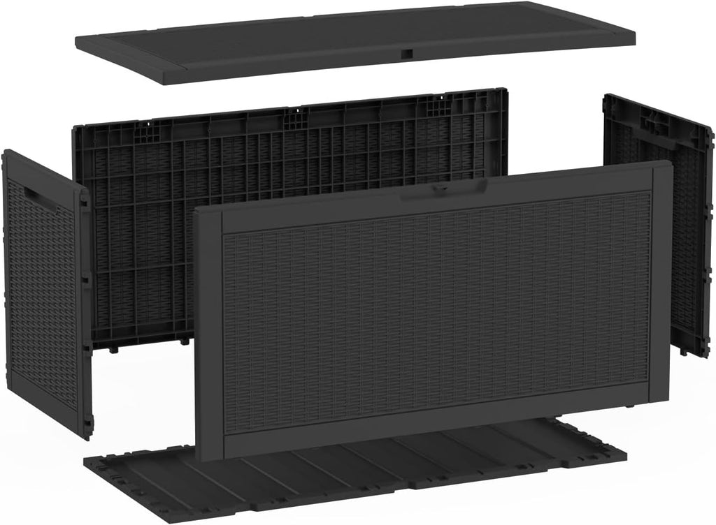 rojik 150 gallon waterproof outdoor deck storage box on a desk or shelf