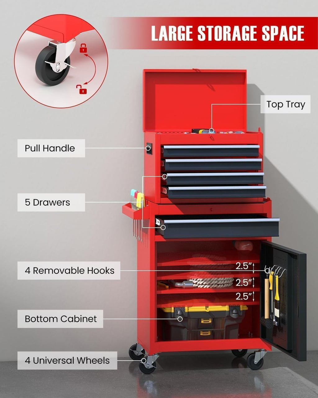 arnot 2-in-1 rolling tool chest with 5 drawers, close-up detail