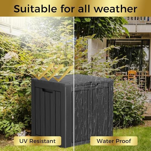 Outdoor Storage Box, 35 Gallon Waterproof Deck Box, Quick Snap-Lock Resin Cabinet for Seat Pillows, Patio Blankets, Lockable End Table Beverage Stand, Apartment Deck, Black