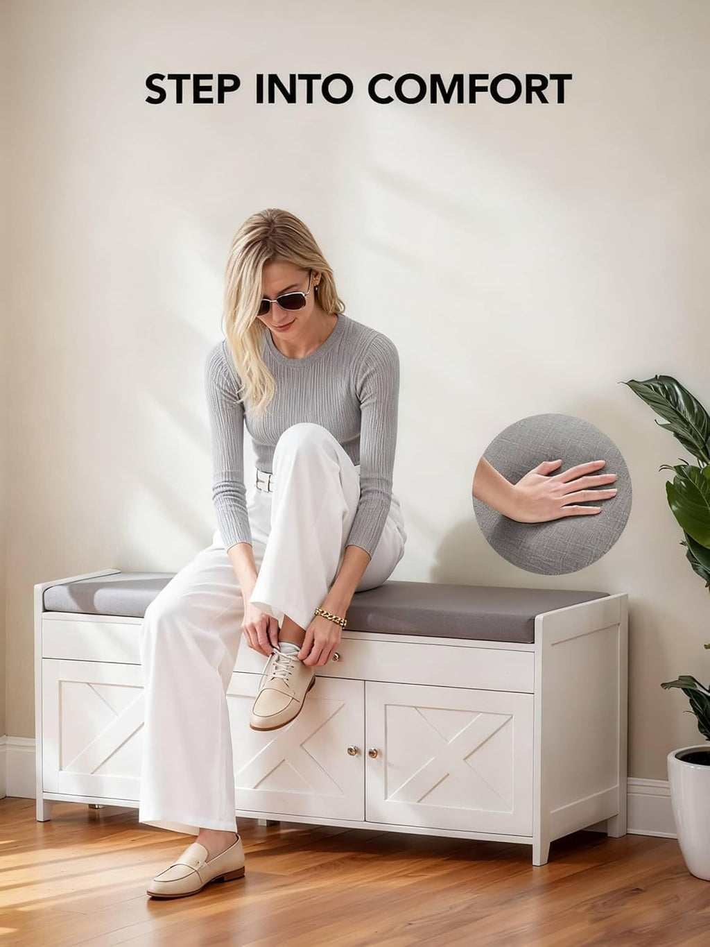 amada farmhouse shoe storage bench with cushion, 3 showing dimensions