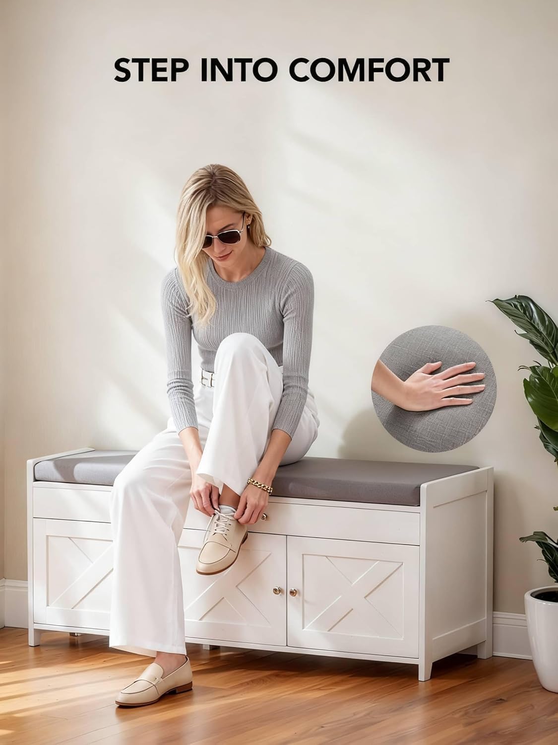 amada farmhouse shoe storage bench with cushion, 3 showing dimensions
