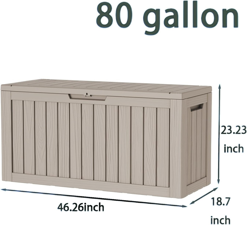 80 gallon deck box, waterproof resin outdoor storage shown in use