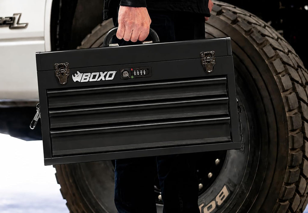 Boxo USA 3-Drawer Hand Carry Toolbox – Heavy Duty 20-Gauge Steel Portable Tool Box with Ball Bearing Drawers, Dual Key & Combination Lock, Powder-Coated Finish (Black)