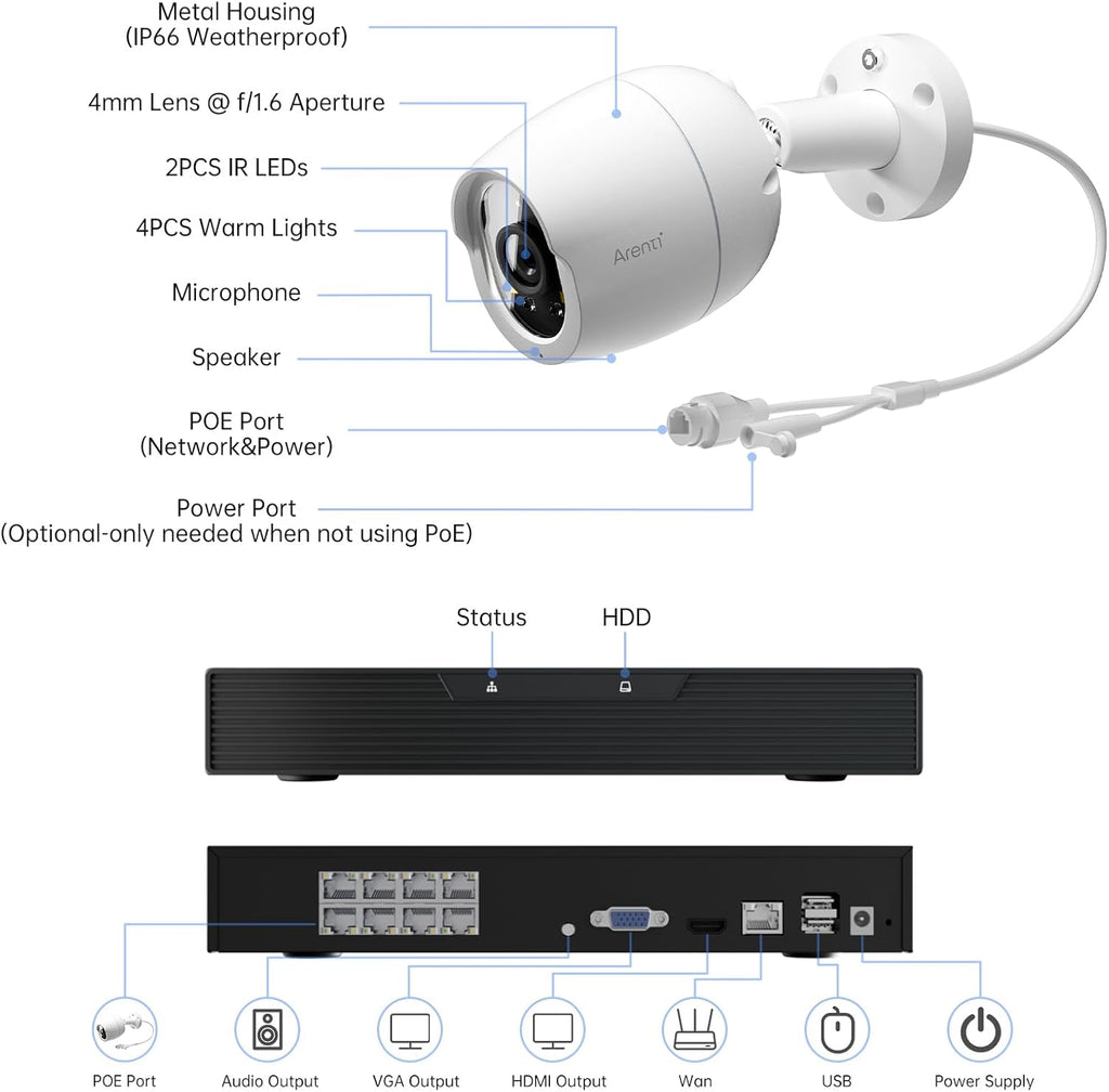 arenti 8mp poe ip camera outdoor security system, front angle view