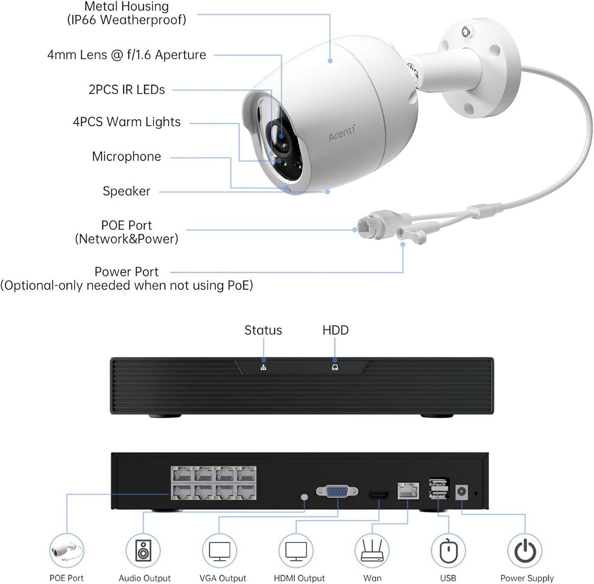 arenti 8mp poe ip camera outdoor security system, front angle view