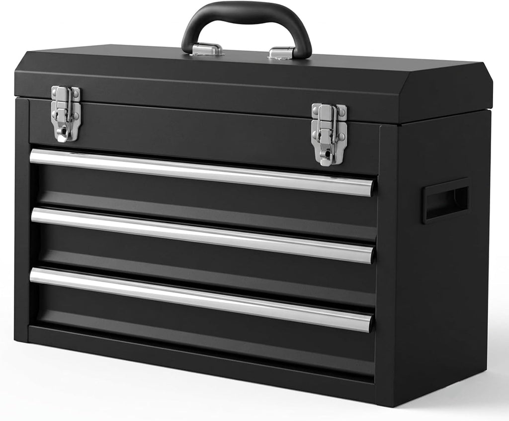 3 Drawer Metal Tool Box, Heavy Duty Steel Tool Chest with Ball Bearing Drawers, Portable Metal Toolbox with EVC Liners and Latches Closure, Powder Coated Tool Storage for Garage, Workbench & Home