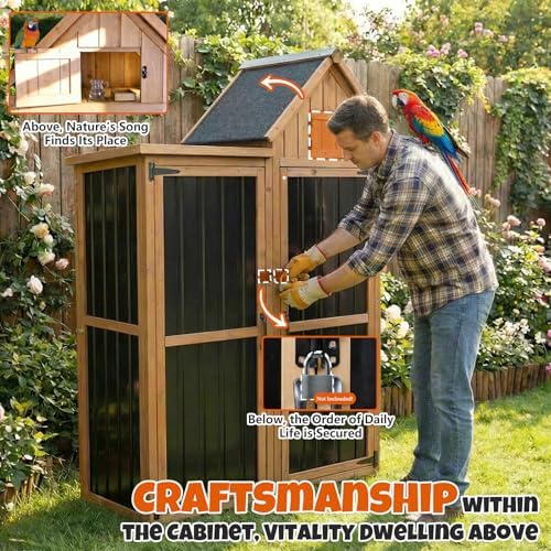 All-in-One Metal & Wood Outdoor Storage Cabinet with Top Compartment, Waterproof Asphalt Roof, Removable Shelves, Heavy-Duty Patio Garage Organizer