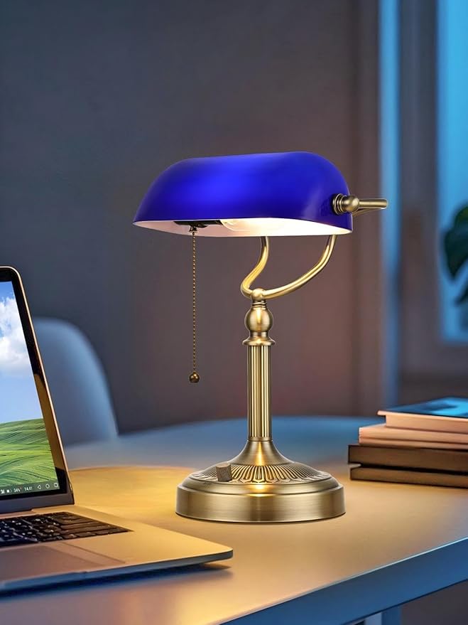 Newrays Blue Glass Bankers Desk Lamp, Stepless Dimmable Table Lamp Plug in