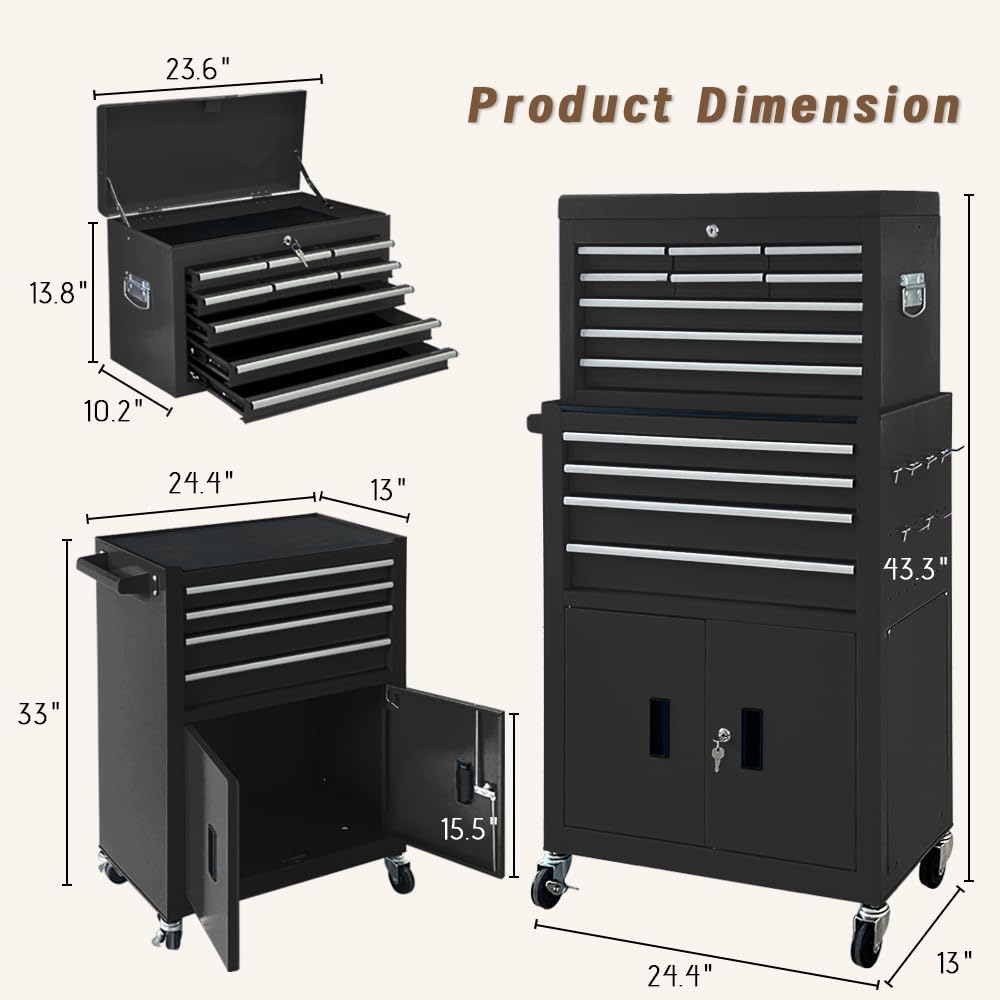 13-drawer double doors handle rolling tool chest, 2, side view