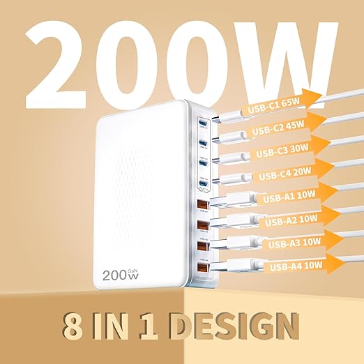 USB C Charger Block, 200W Type C Charger Fast Charging, 8 Port USB C & A
