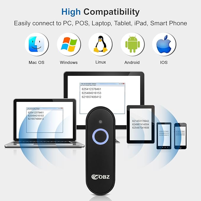OBZ Mini Bluetooth Barcode Scanner, 2D Wireless Barcode Scanner, Versatile