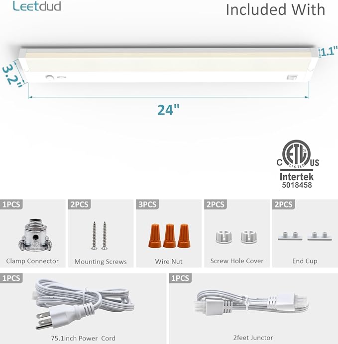 Leetdud Under Cabinet Lighting Plug in or Hardwired Built-in Dimmer, 24 Inch 12W