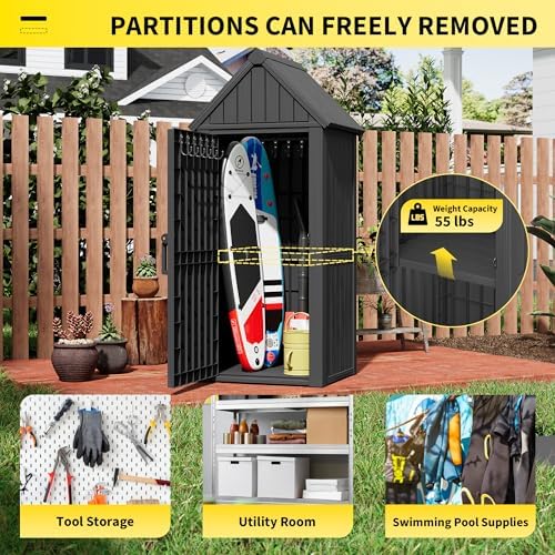 Fancyango Outdoor Resin Storage Cabinet Sturdy All-Weather Shed with Removable Shelves Lock Ring & Reinforced Floor – for Garden Patio Lawn (Black1)
