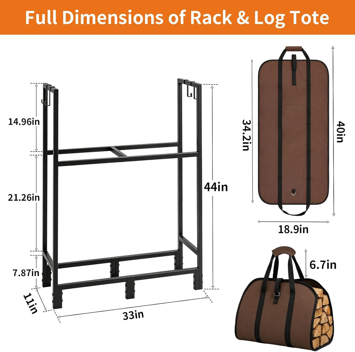 Firewood Rack Indoor Outdoor with Log Carrier, 2-Tier Heavy Duty Firewood Log Rack Holder with 4 PCS Fireplace Tools Hooks, Stable Log Holder Rustproof Metal Wood Rack for Fireplace Patio Deck