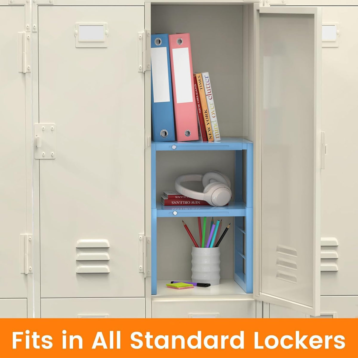 lidtop locker shelf blue, adjustable width and height, side view