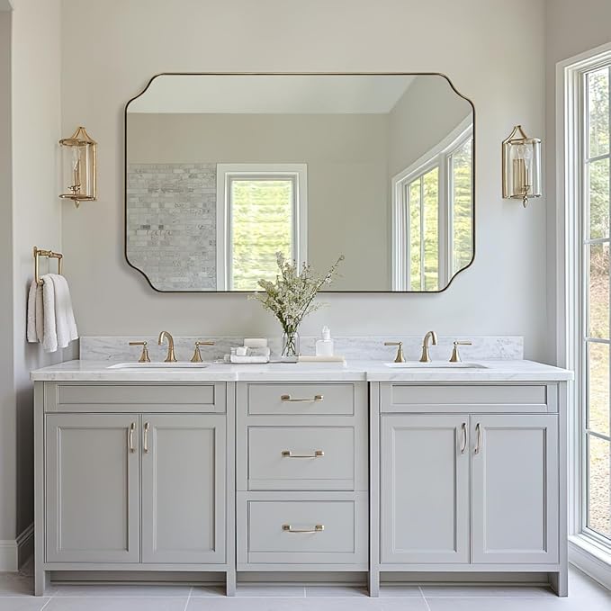 ANDY STAR 30"x48" Gold Bathroom Mirror, Large Scalloped Wall Mirror, Brushed