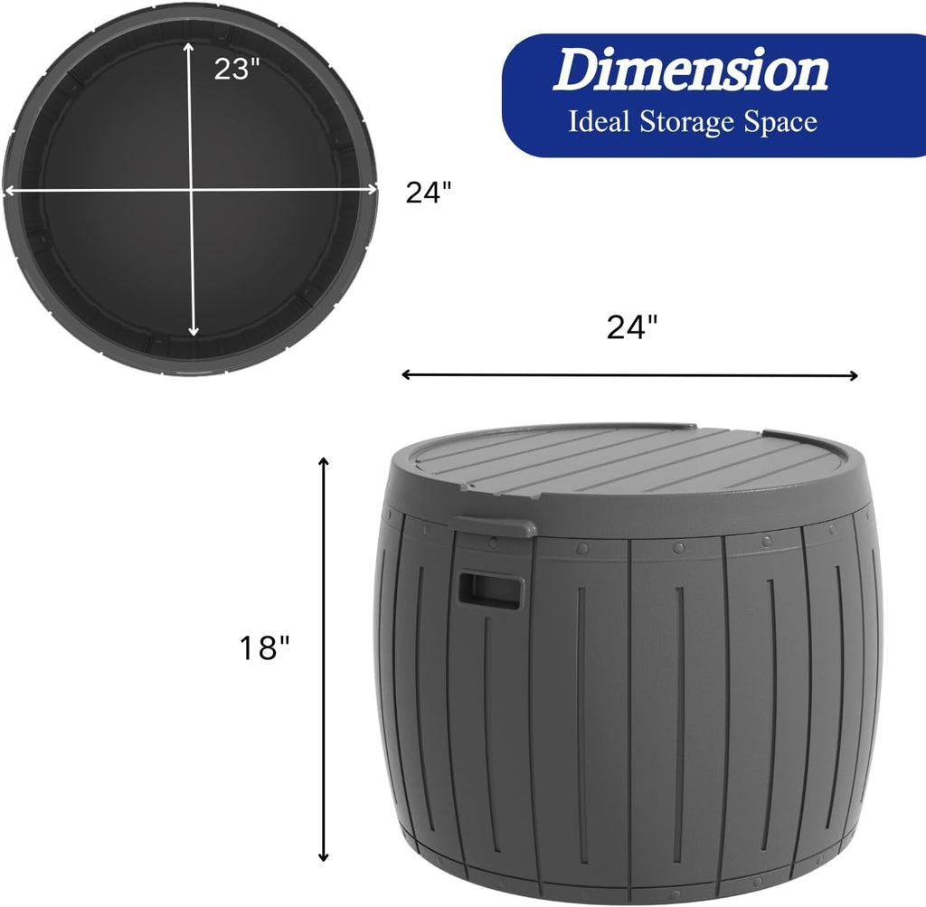 ZZM 33 Gallon Round Deck Box, Patio Side Table for Cushion, Picnic Bucket, Small Bench Seat, All-Weather & Portable, Gray