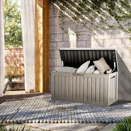 TARKARI 80 Gallon Outdoor Storage Box Waterproof, Resin Deck Boxes with Lockable Lid & UV-Resistant for Patio, Pool, Garden Furniture Cushions & Accessories, Coffee