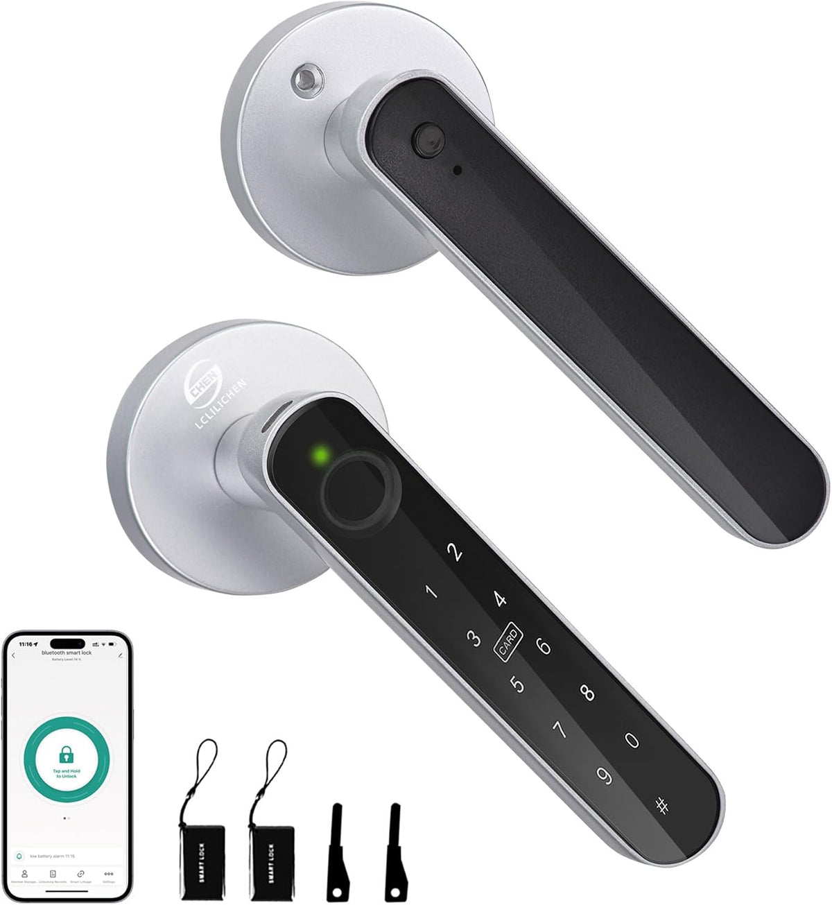 Fingerprint Door Lock, 5-in-1 Smart Door Knob with Handle, Biometric Keyless Entry with Keypad and App for Bedroom Home Office Doors (Silvery)