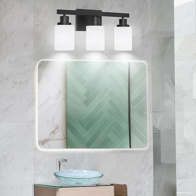 DIKAIDA 3-Light Bathroom Light Fixtures Over Mirror, Modern Matte Black Vanity