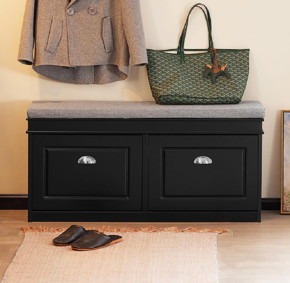 haotian black storage shoe bench with two flip shown in use