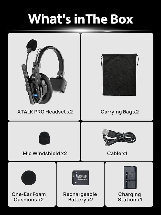 SYNCO XTALK XPRO2 Wireless Intercom Headset System, 2 Person 2.4GHz Wireless