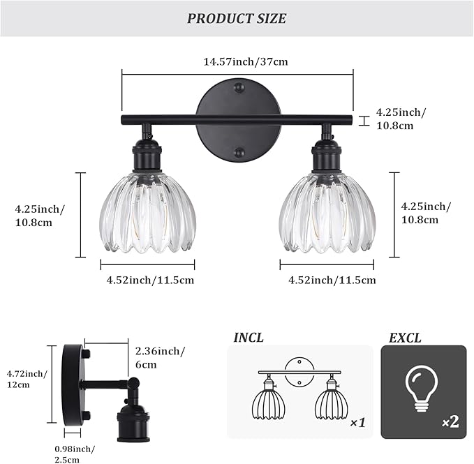 Shenmoyl Bathroom Light Fixtures, 2-Light Black Vanity Wall Light Over Mirror