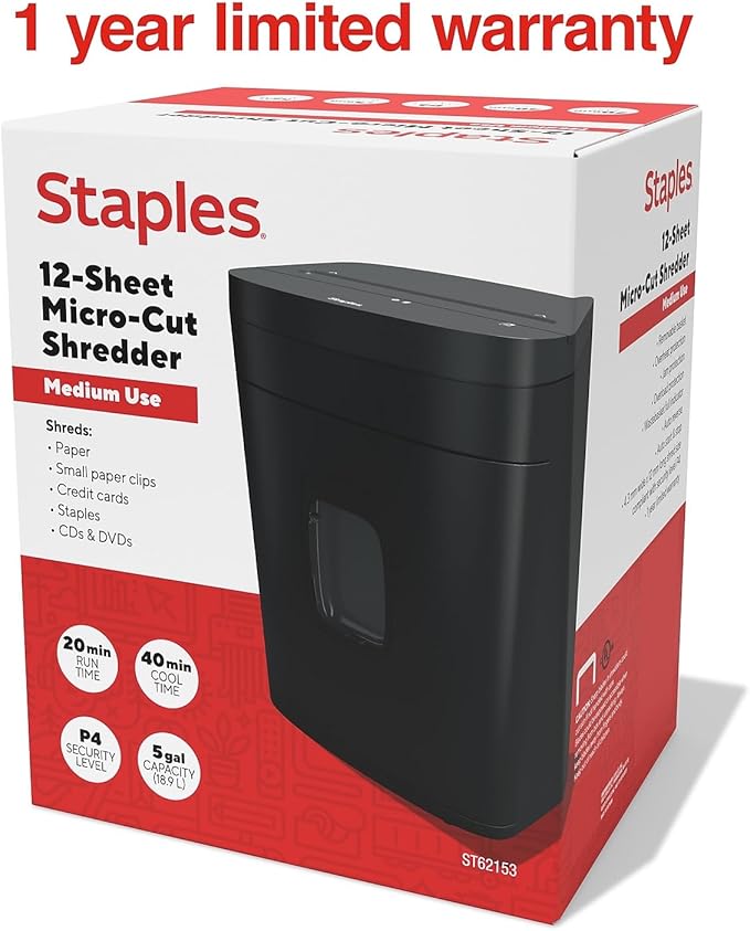 Staples 12-Sheet Micro-Cut Shredder – High-Security Document & Credit Card