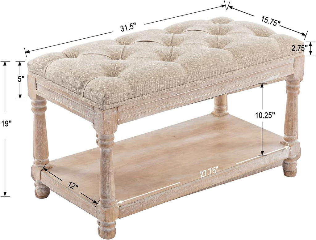 farmhouse storage bench wooden entryway linen upholstered ottoman shown in use