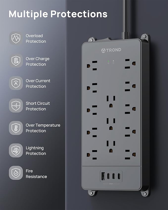 TROND 360° Rotating Flat Plug, Surge Protector Power Strip, 13AC Widely Spaced