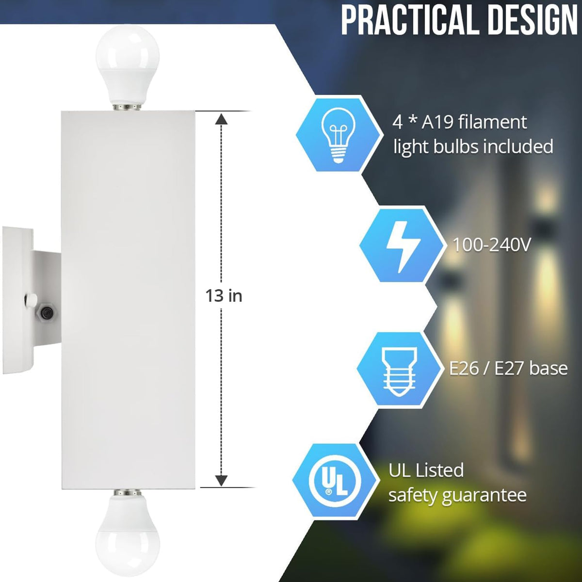 wowlite White Square Outdoor Wall Sconces, Dusk to Dawn, Up & Down, 2 Pack