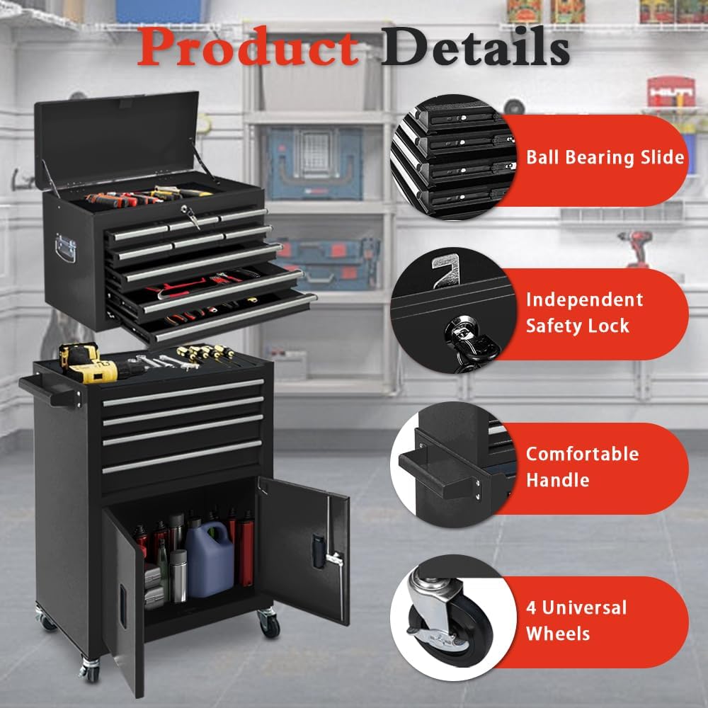 13-drawer rolling tool chest with double door handle, side view