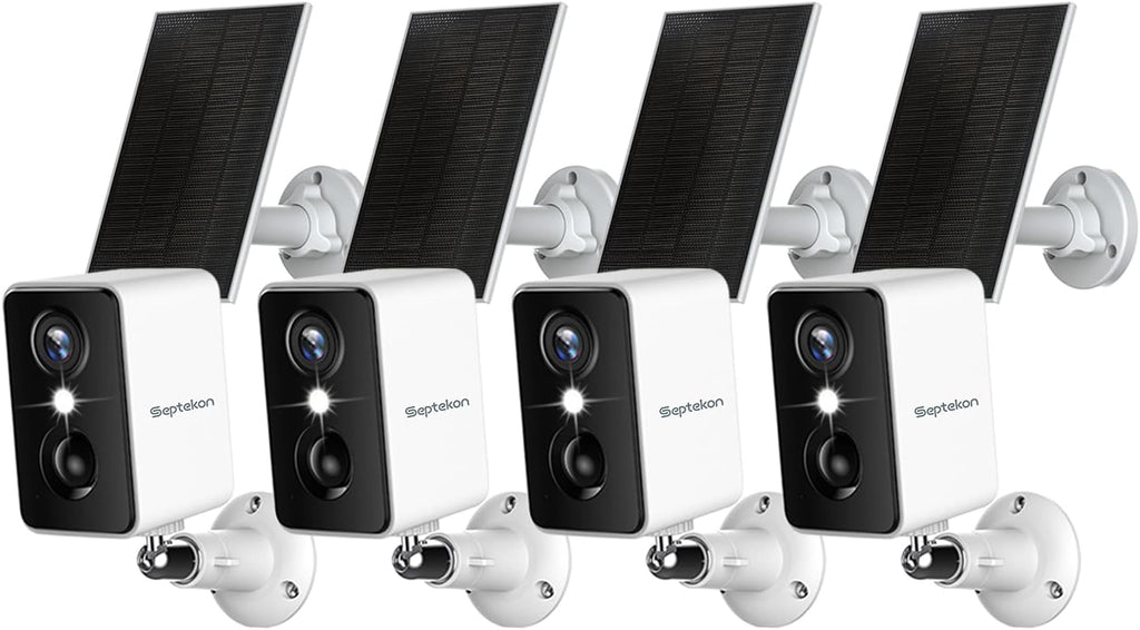 Septekon 2K Security Cameras Wireless Outdoor 4 Pack, Solar Battery Powered Camera with Two Spotlights, PIR Motion Detection Siren, Color Night Vision, 2-Way Audio, IP66 Waterpoof
